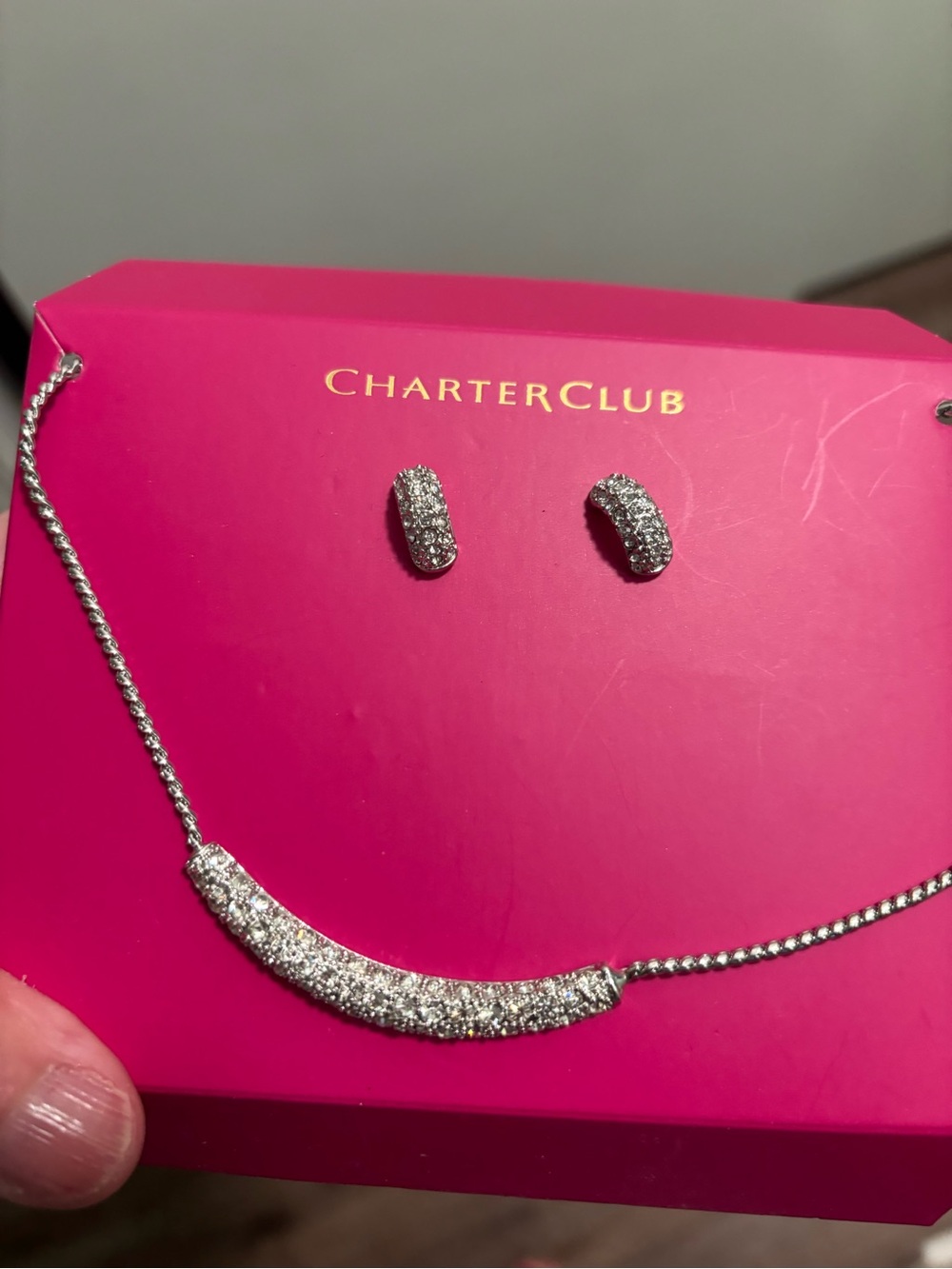 Charter Club Silver Pave Curved Bar Necklace with Matching Studs